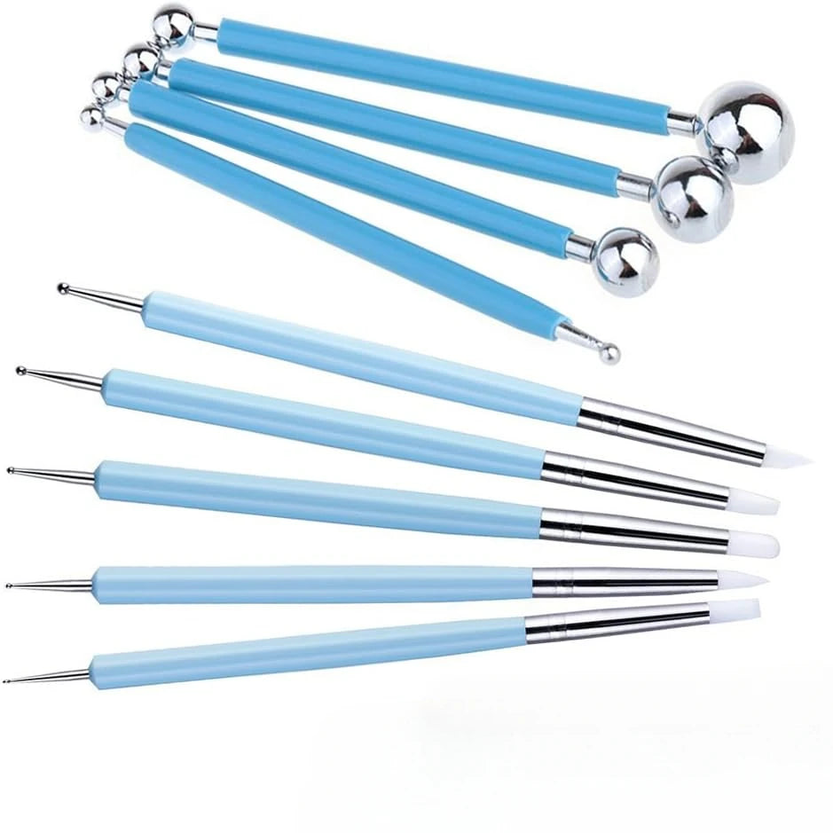 A set of blue and silver multi-use sculpting and decoration tools with various tips and balls