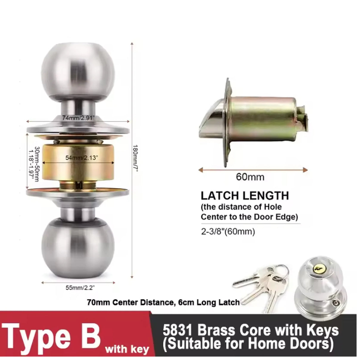 Brass core latch with keys for home doors featuring a polished finish and a cylindrical design.