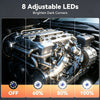 Gros plan d'un moteur avec huit LED réglables illuminant les coins sombres pour inspection.