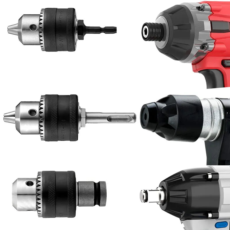 Various views of a quick change drill chuck adapter for impact drivers showing the tool interface.
