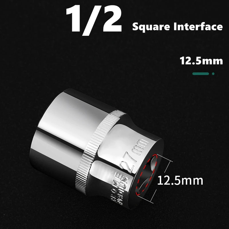 A close-up view of a silver square interface tool with a 12.5mm drive size and a 27mm length.