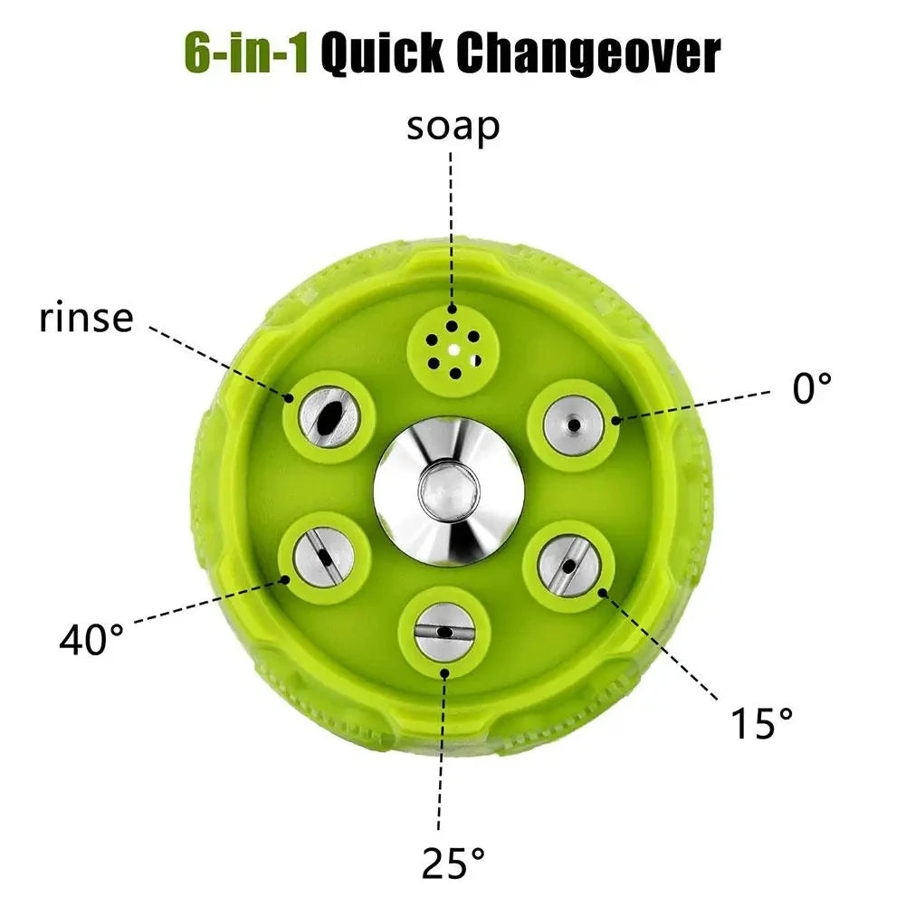 A green 6-in-1 quick changeover pressure washer nozzle set with various spray angles including 0°, 15°, 25°, and 40°.