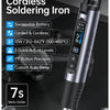 A cordless soldering iron HS-03 with a detachable tip and battery, shown next to a circuit board.