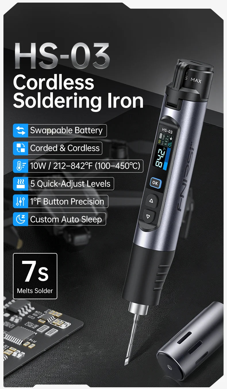 A cordless soldering iron HS-03 with a detachable tip and battery, shown next to a circuit board.