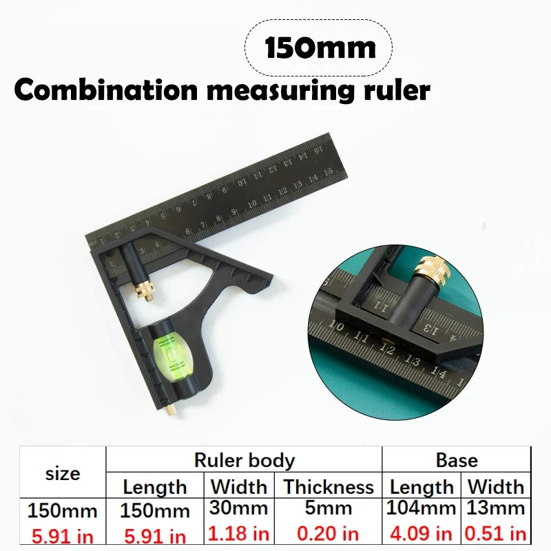 A combination measuring ruler set showing the ruler body and base dimensions in millimeters and inches.