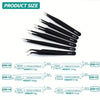 A set of precision stainless steel tweezers with various sizes and tips shown against a white background.