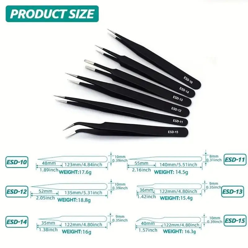 A set of precision stainless steel tweezers with various sizes and tips shown against a white background.