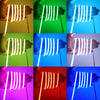 Hands holding a thin rod with bright white LED strips illuminating the fingers against various colored backgrounds.