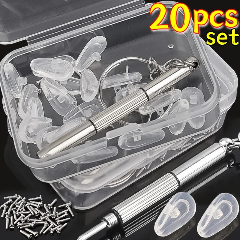 A set of 20 adjustable silicone eyeglass nose pads and a screwdriver are shown in a clear plastic container.
