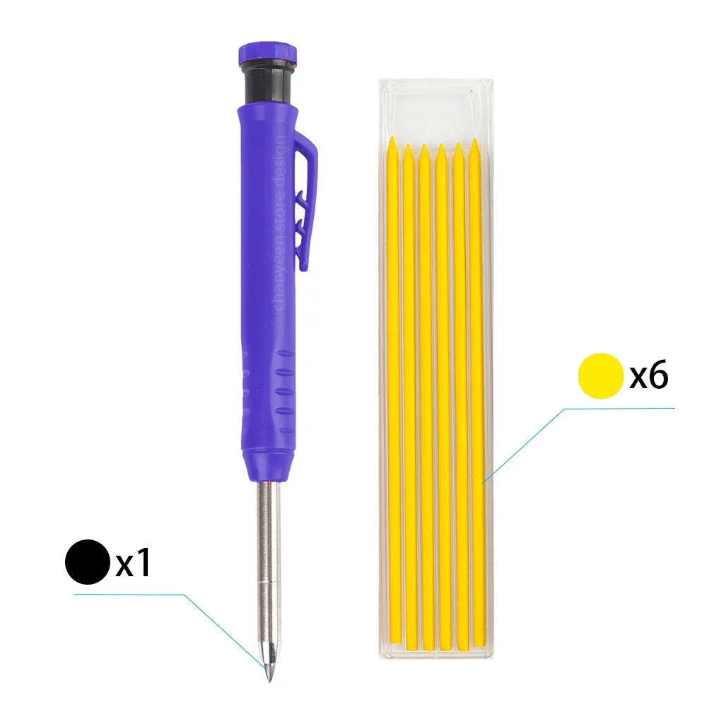 A set of six yellow pencils with purple holders and a clear plastic container.