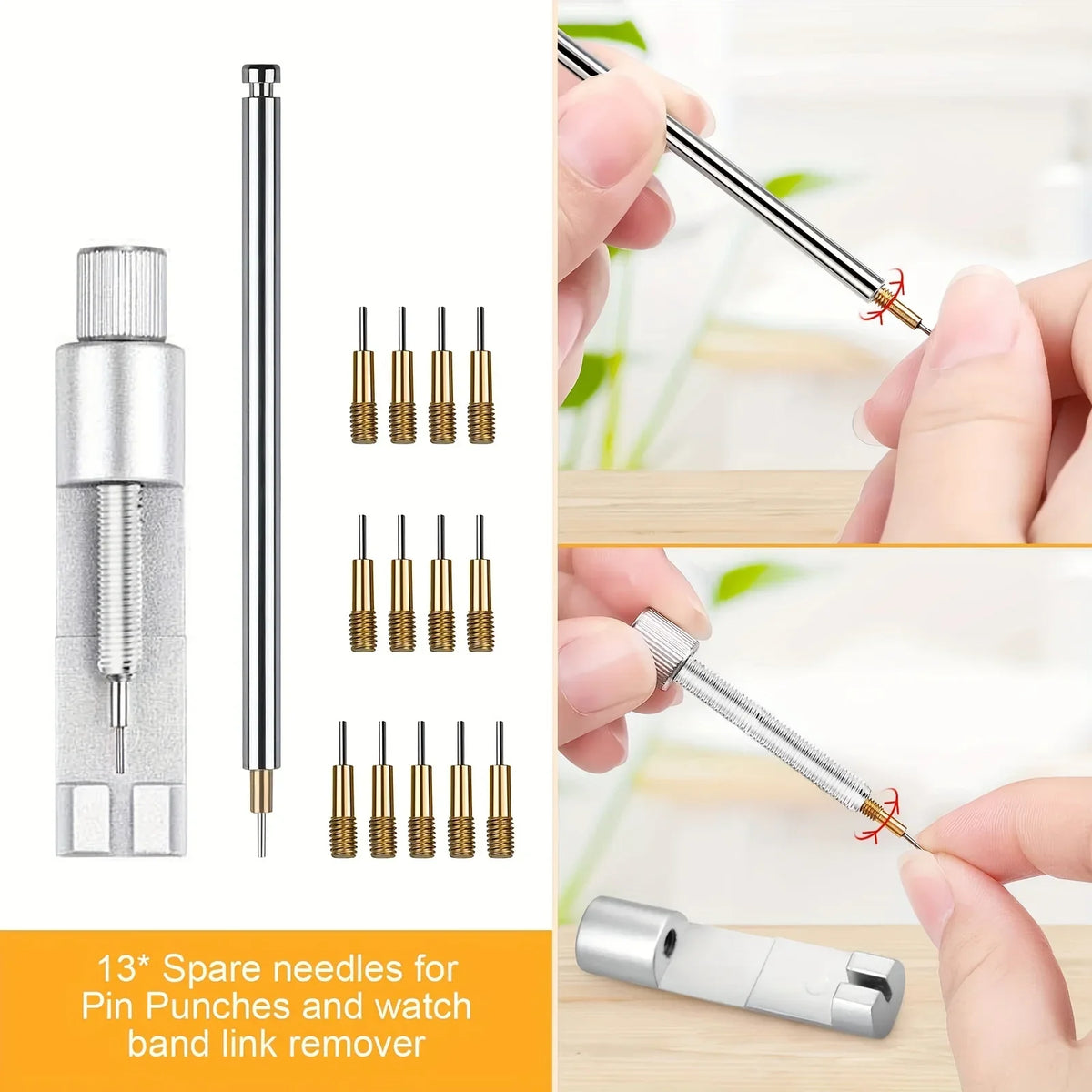 A set of 13 spare needles for pin punches and watch band link removers shown next to a tool being used on a watch.