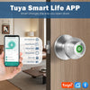 A hand holds a smartphone displaying the Tuya Smart Life App interface for managing a smart fingerprint door lock.