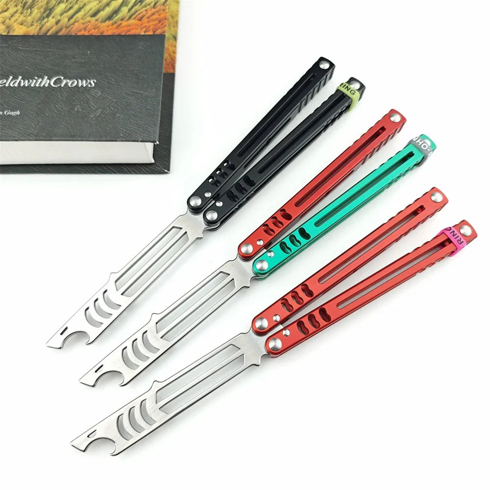 A set of folding tactical pen knives in black, red, and teal colors displayed next to its packaging.