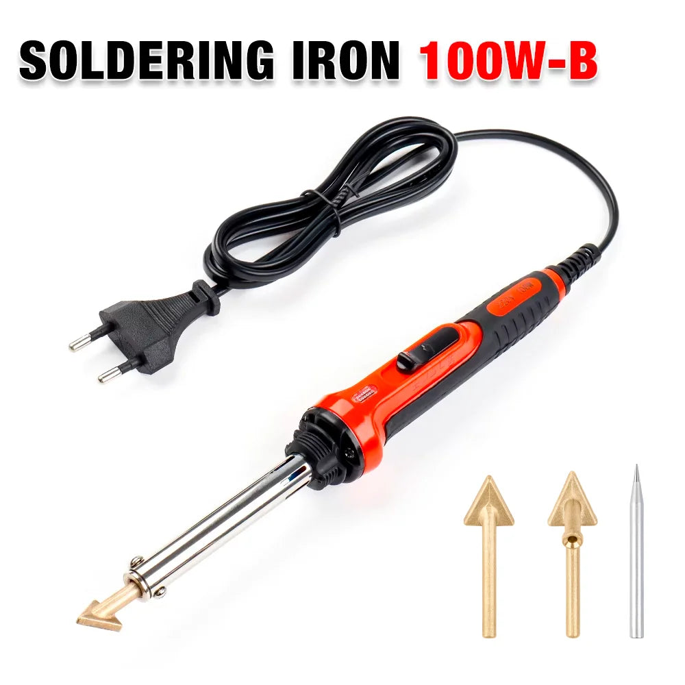 An orange soldering iron 100W-B with a cord and tip, along with replacement tips.