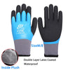 A pair of black and blue work gloves with a gray plush lining, showing the palm side and fingers.