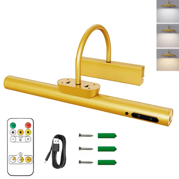 A gold wall mounted LED picture light fixture with a long arm and remote control, shown next to its components.
