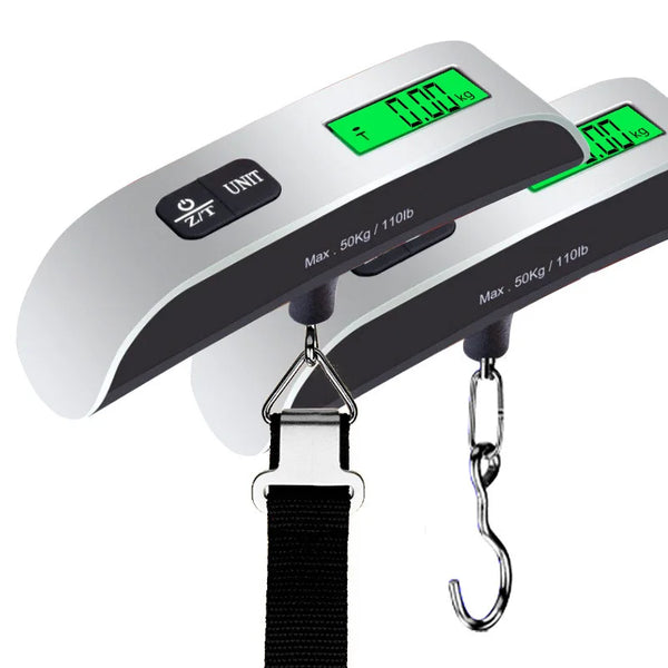 A digital hanging luggage scale with a green display showing 0.00 kg and a metal hook.
