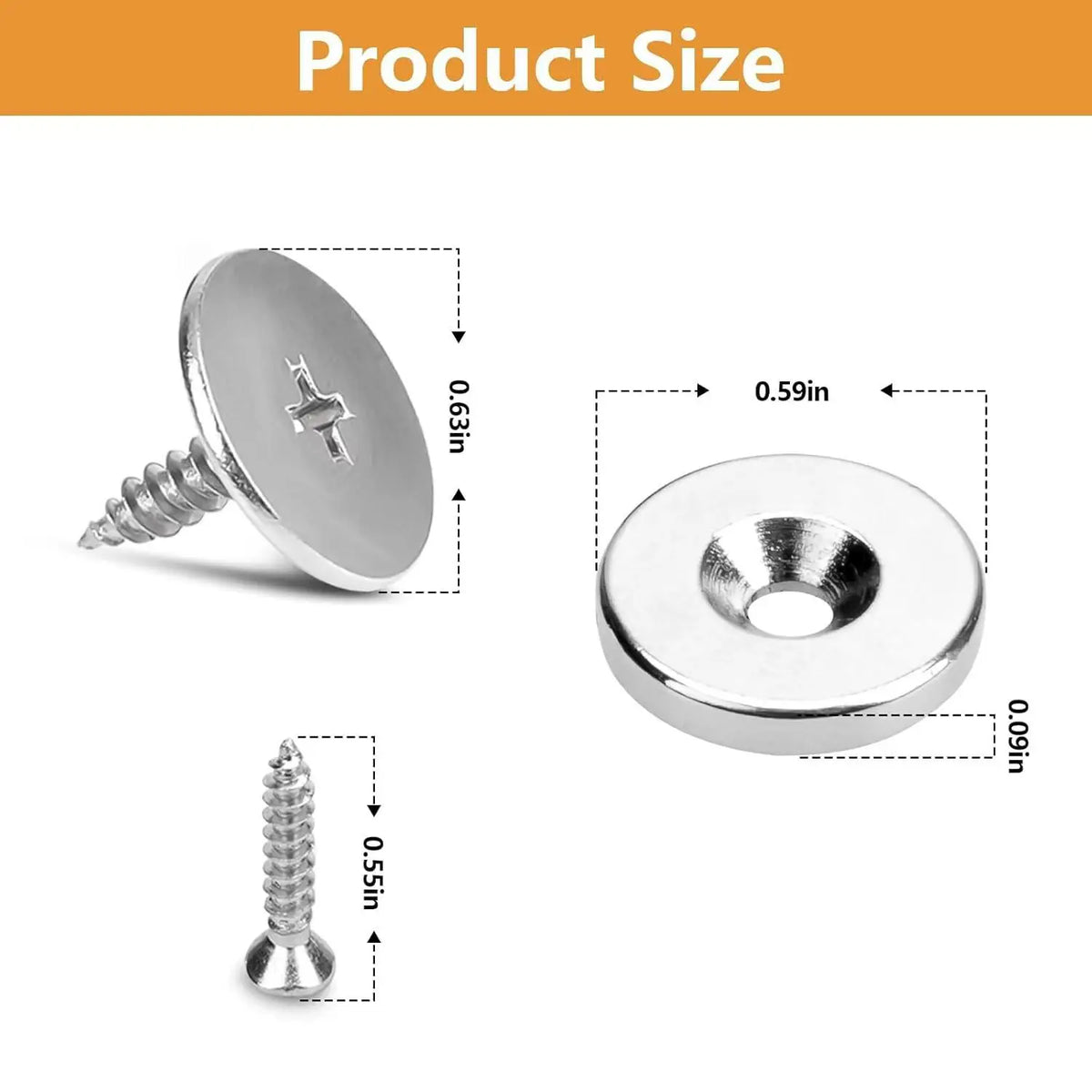 A silver magnetic door latch and screw shown with dimensions 0.63in, 0.55in, and 0.09in.