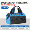 A blue and black double layer thickening tool bag with a shoulder strap and 13-inch capacity.