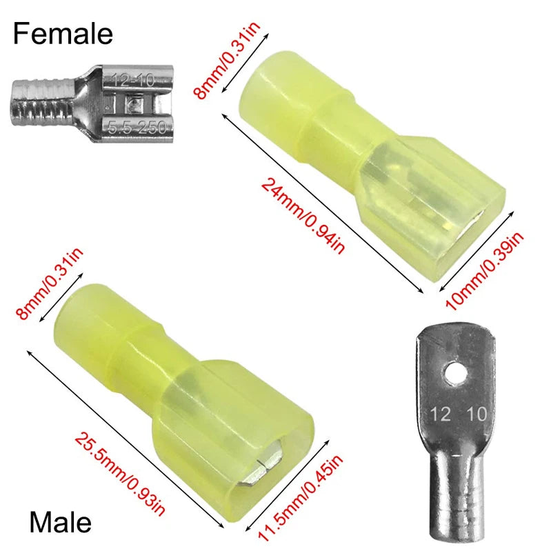 Image showing female and male insulated crimp terminals with various sizes and dimensions.