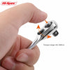 A hand is holding a silver mini double-ended ratchet wrench, demonstrating its torque range.