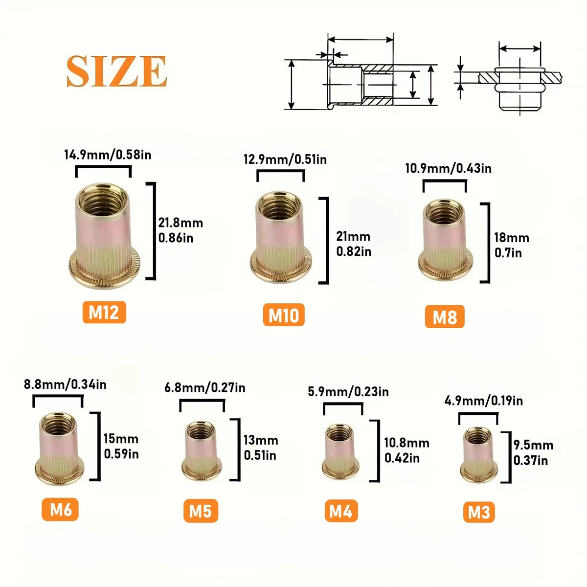 A collection of metric rivet nuts M3 through M12 shown with their corresponding sizes and tools.