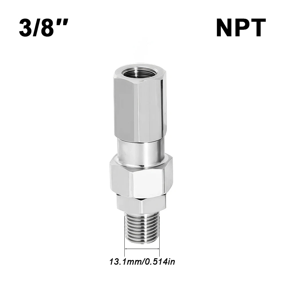 A silver NPT 3/8 inch swivel joint connector with a 13.1mm thread.
