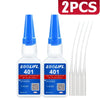 Two bottles of instant adhesive glue sticks with white tips and blue caps