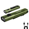 A green tactical flashlight with a black grip and a prominent lens is shown in a profile view.