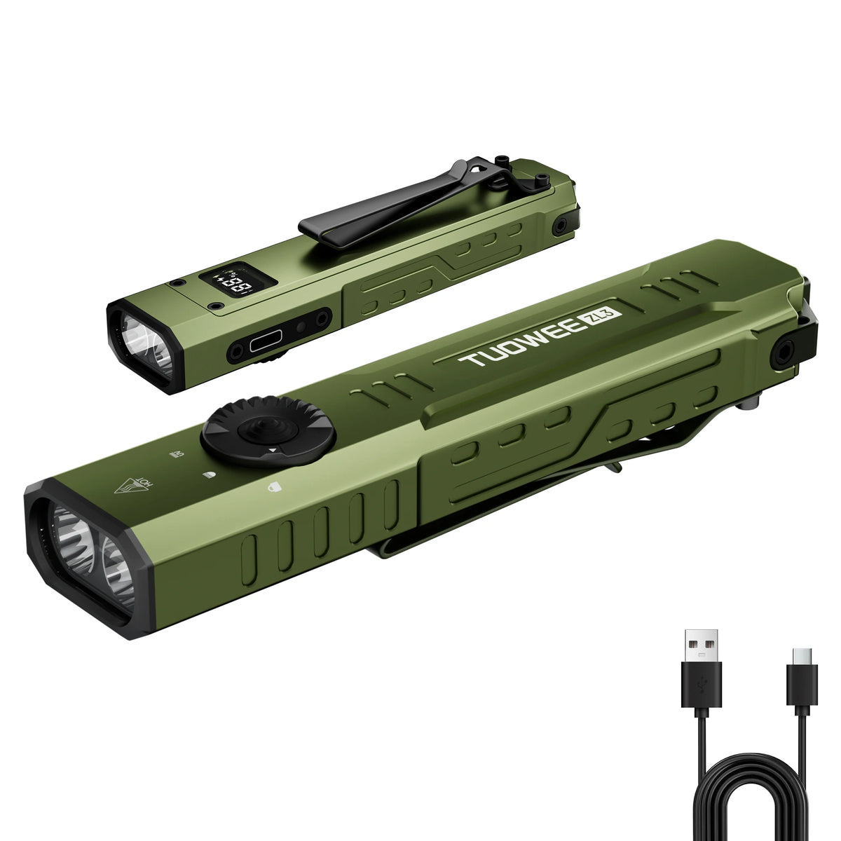 A green tactical flashlight with a black grip and a prominent lens is shown in a profile view.