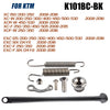 Motorcycle side stand kickstand kit for KTM featuring a metal rod and various fasteners.