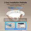 A hand holds a white LED ceiling light, demonstrating installation methods for various surfaces.