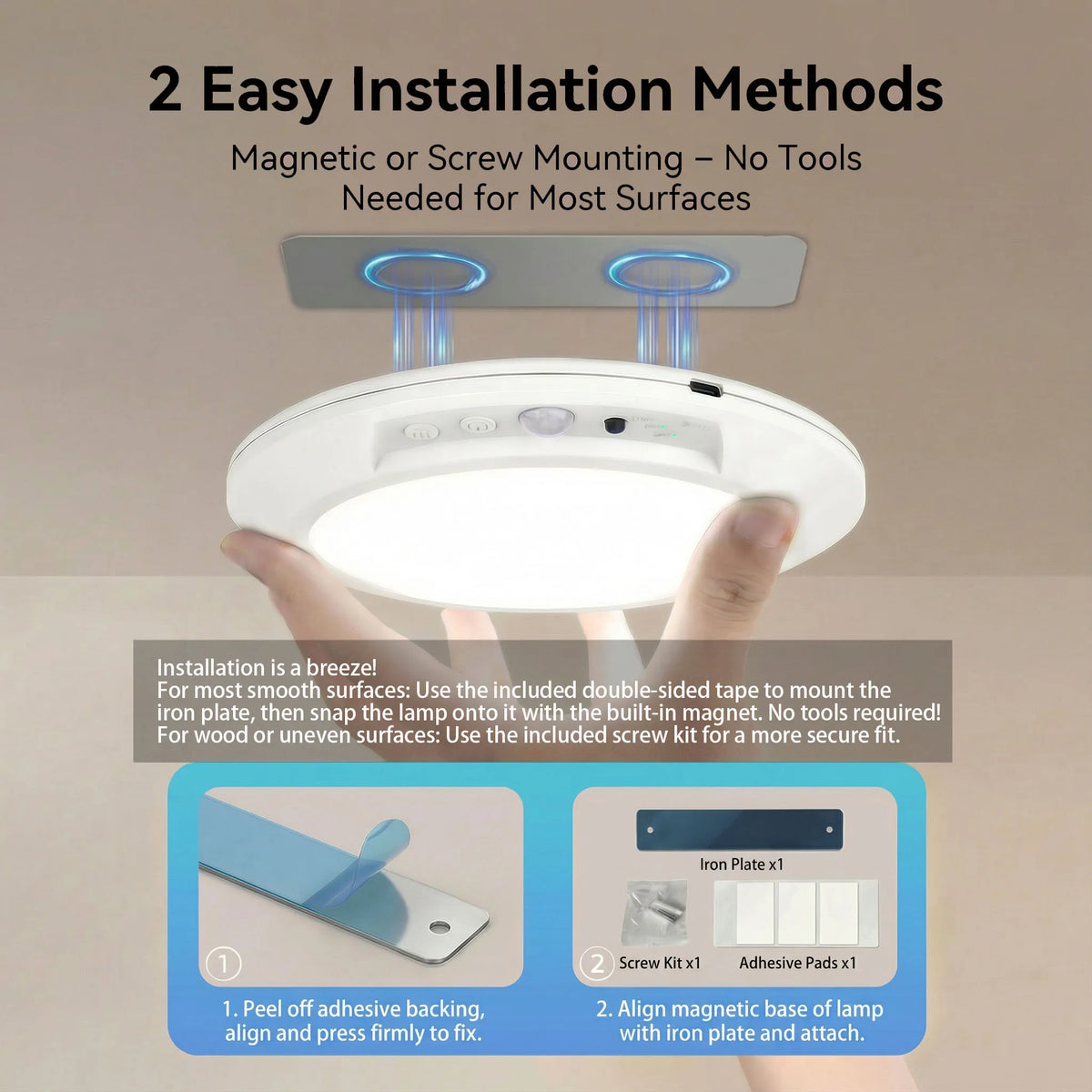 A hand holds a white LED ceiling light, demonstrating installation methods for various surfaces.