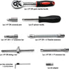 A collection of various tools including a DR quick ratchet handle, spinner handle, extension bars, sliding t-bar, and hex wre
