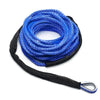 Blue and black heavy-duty synthetic tow strap coiled and with an attached metal hook.