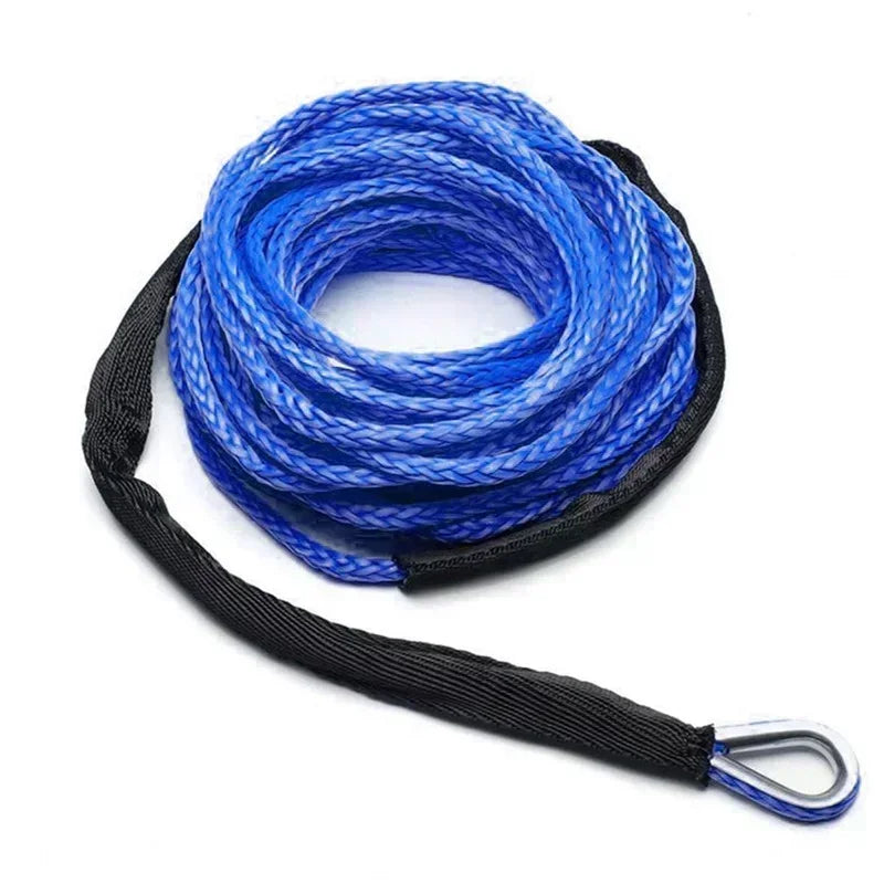 Blue and black heavy-duty synthetic tow strap coiled and with an attached metal hook.