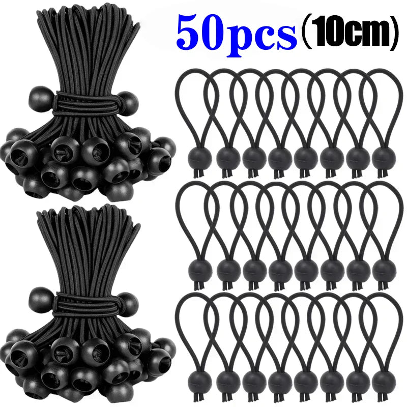 50 pieces of heavy duty black elastic ball rope, 10cm long, for tent and tarpaulin tie-down.