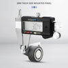 A black digital caliper with a silver panel is shown, measuring 3.04 mm, used for furniture casters.