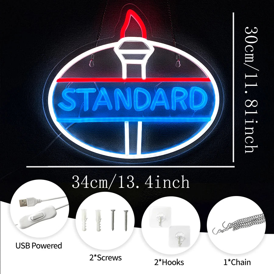 A round neon wall sign with the word STANDARD in blue and red, featuring USB power, screws, hooks, and a chain.