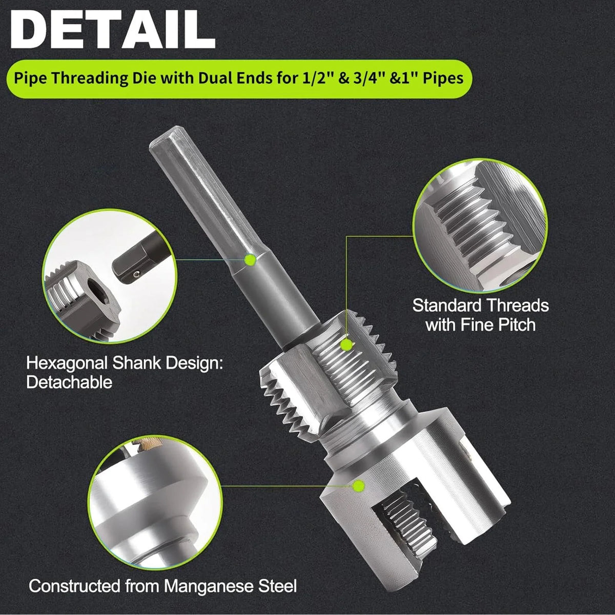 Detail of a pipe threading die with dual ends for 1/2" and 3/4" & 1" pipes, constructed from manganese steel.