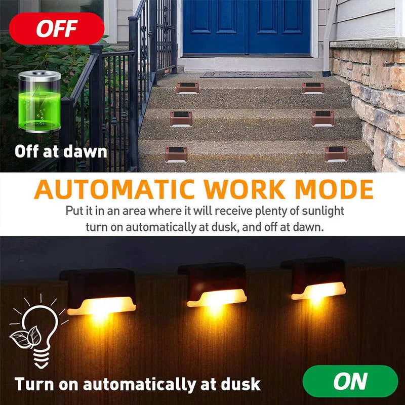 Automatische Solarlichter für Außengeländer und Wege, die bei Dämmerung angehen.