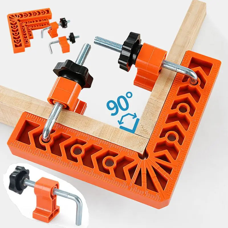 A 90-degree angle positioner for woodworking showing an orange plastic jig and metal screws used to mark a precise angle.