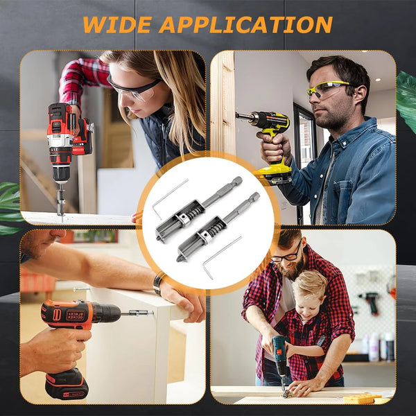 A set of spring-loaded screw holder bits being used by various individuals for drilling and fastening tasks.
