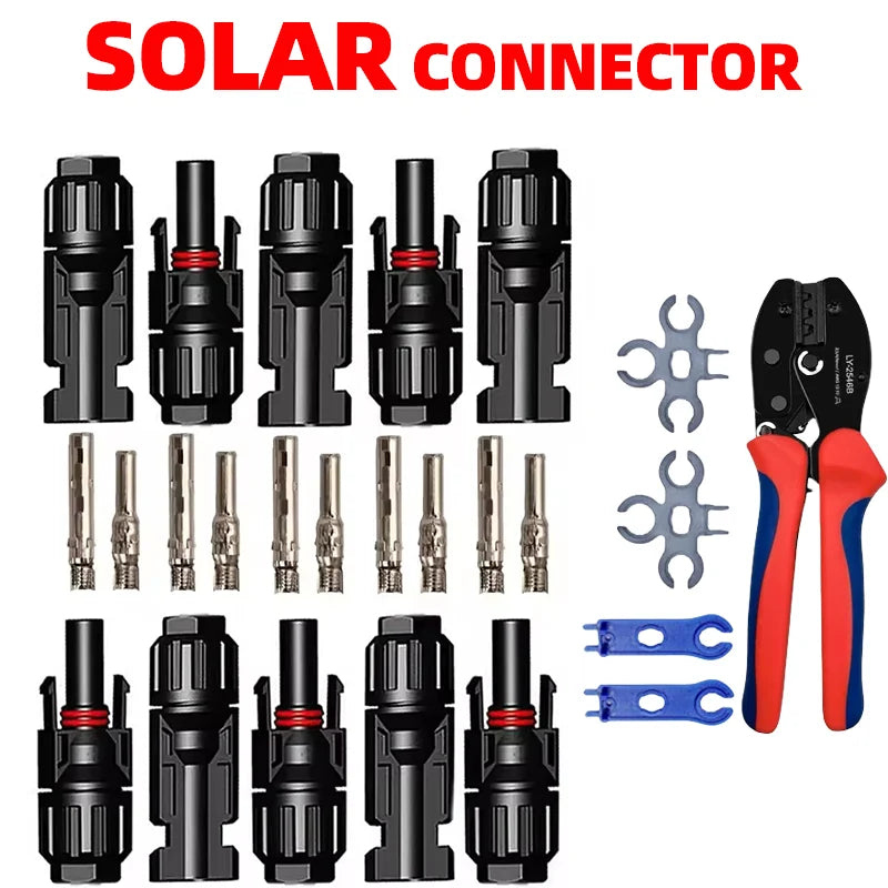 A kit of solar connectors including various types and sizes for PV panel wiring.