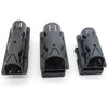Three black tactical baton and flashlight holders shown from different angles