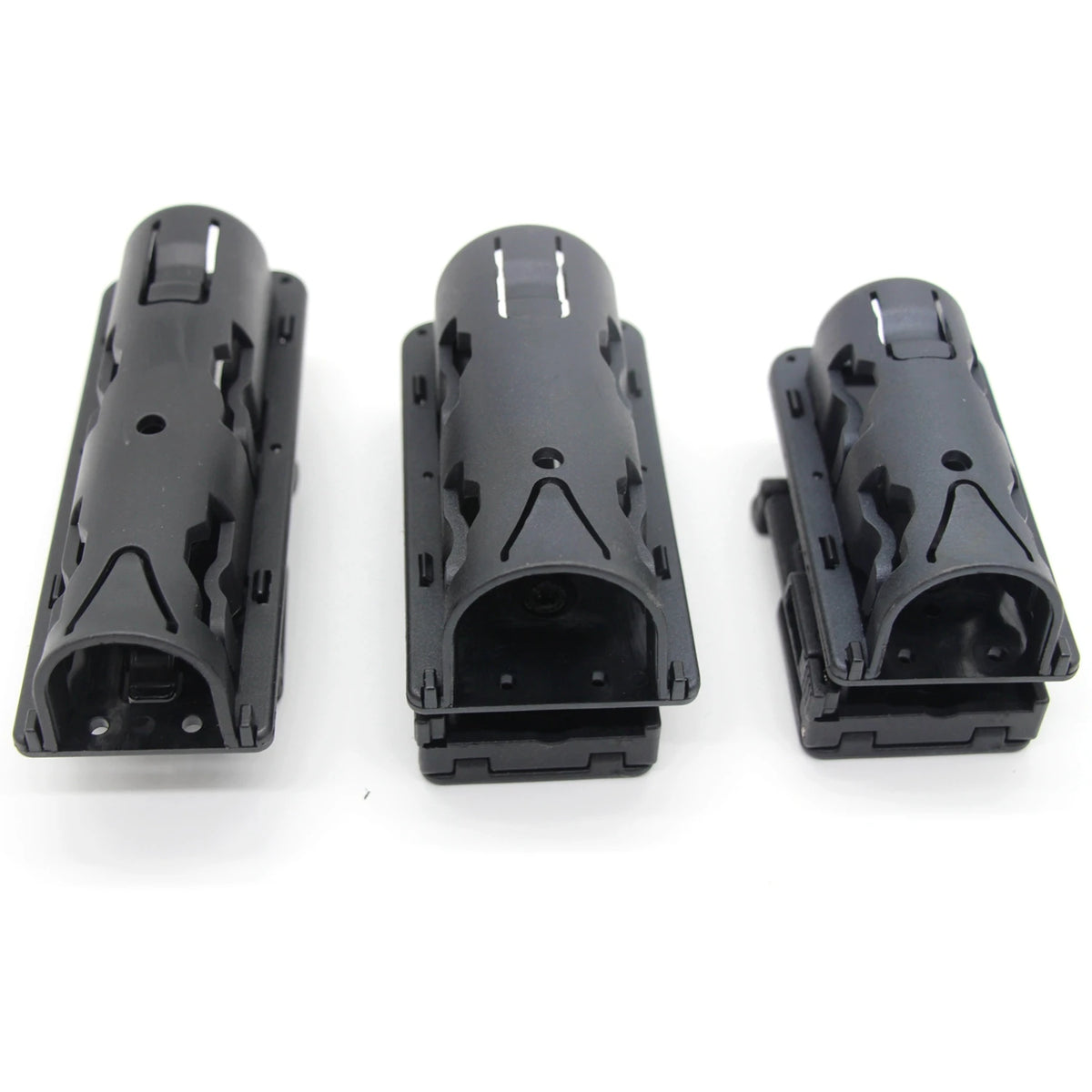 Three black tactical baton and flashlight holders shown from different angles