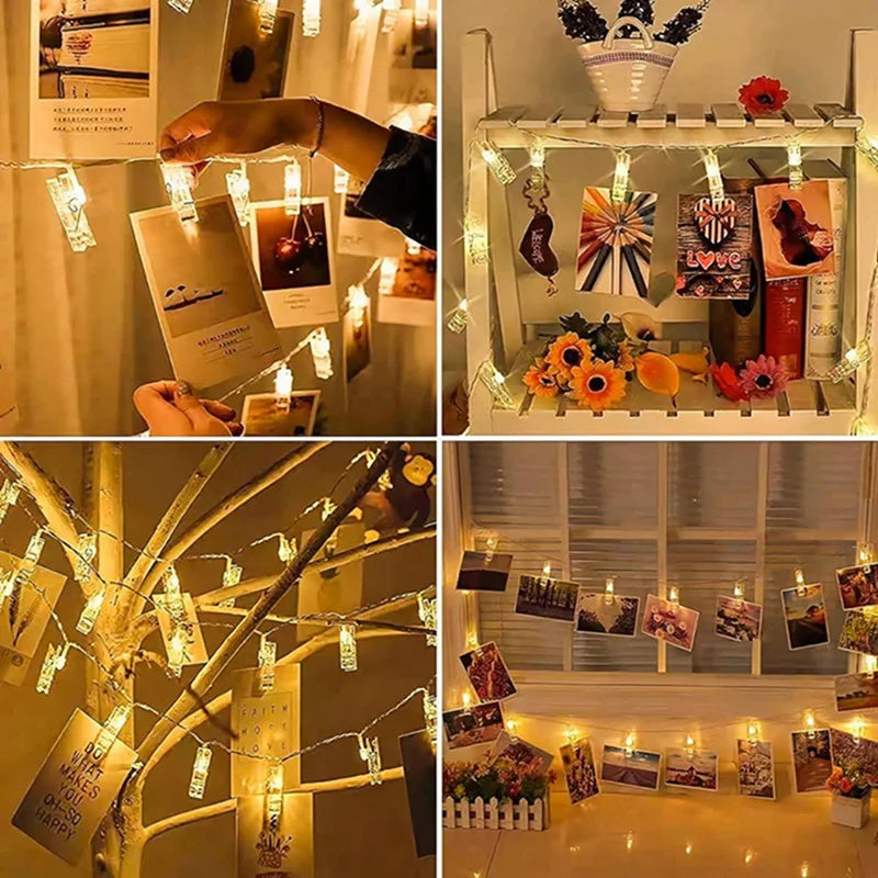 LED fairy clip string lights displayed in various decorative arrangements and lighting contexts.