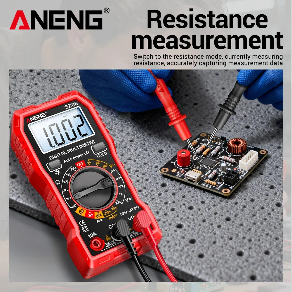 A red digital multimeter displaying 10.02 ohms is shown next to a circuit board for resistance measurement.