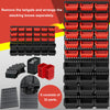 Un juego de 32 piezas para organizador de contenedor de almacenamiento de pared con cajas apilables en negro y rojo.