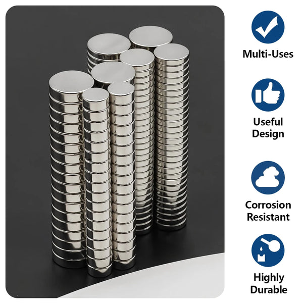 A stack of silver fridge magnets demonstrating multi-uses, useful design, corrosion resistance, and durability.